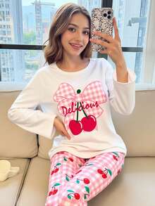 2 件套青少年女孩休闲樱桃蝴蝶结印花白色圆领上衣和宽松粉色格子樱桃图案针织面料柔软舒适家居服套装、长袖和裤子 - 白色 - 查看 5