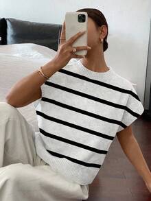 Siren Gaze 秋冬女式法式休闲条纹短袖针织上衣 - 彩色 - 查看 3
