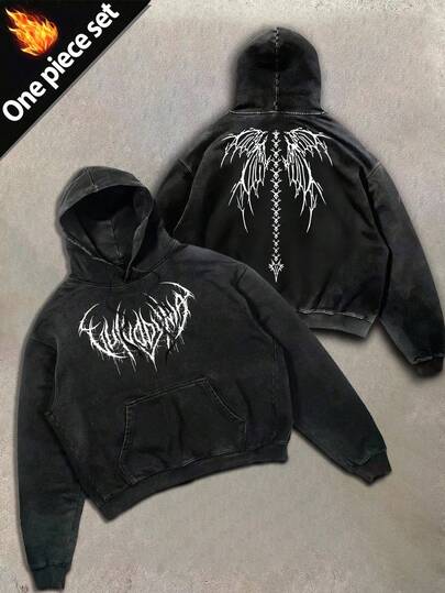 1 pieza Sudadera con capucha casual de calle para hombres con bolsillo canguro y estampado de esqueleto, forro polar, otoño/invierno