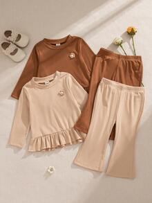 SHEIN 2pcs/Set French Girls Toddler Brown Floral Long Sleeve T-Shirt & Flared Pants Outfit,Beige,Autumn,Casual,Family Matching Baby Clothes Casual Sets - Multicolor - View 3