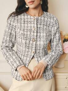 Omancia Women's Elegant White Plaid Tweed Jacket, Fitted Silhouette, Suitable For Halloween, Christmas, New Year, Thanksgiving, Autumn/Winter - White - View 3