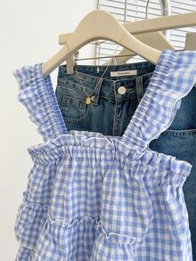 INAWLY 女式荷叶边格子无袖休闲时尚夏季衬衫 - 淺藍色 - 查看 5