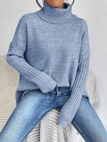EMERY ROSE Women's Fashion Casual Asymmetrical Hem High Neck Long Sleeve Pullover Sweater - Blue - View 6