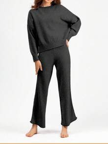 Franclia 2件套女式圆领长袖毛衣上衣和裤子套装 - 深灰色 - 查看 5