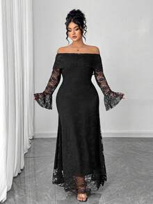 Elenzga 大码女式优雅雪纺拼接露肩长袖喇叭袖收腰修身高端派对连衣裙，秋冬 - 黑色 - 查看 4