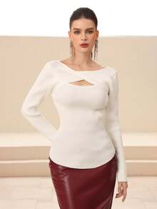 Modelyn Suéter de mujer casual de uso diario y para ir al trabajo, de unicolor simple, con manga larga ajustada, con detalle de torsión y hueco, para otoño - Blanco - Ver 3