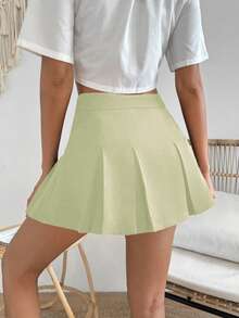 SHEIN Unity Preppy Style Casual Woman Solid Pleated Skirt - Lime Green - View 2