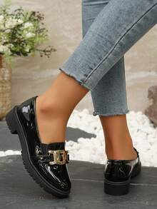 Mocasines suela gruesa para mujer estilo casual minimalista adorno de cadena metálica material suave sin estampado corte holgado punta redonda sin mangas primavera otoño oficina - Negro - Ver 3
