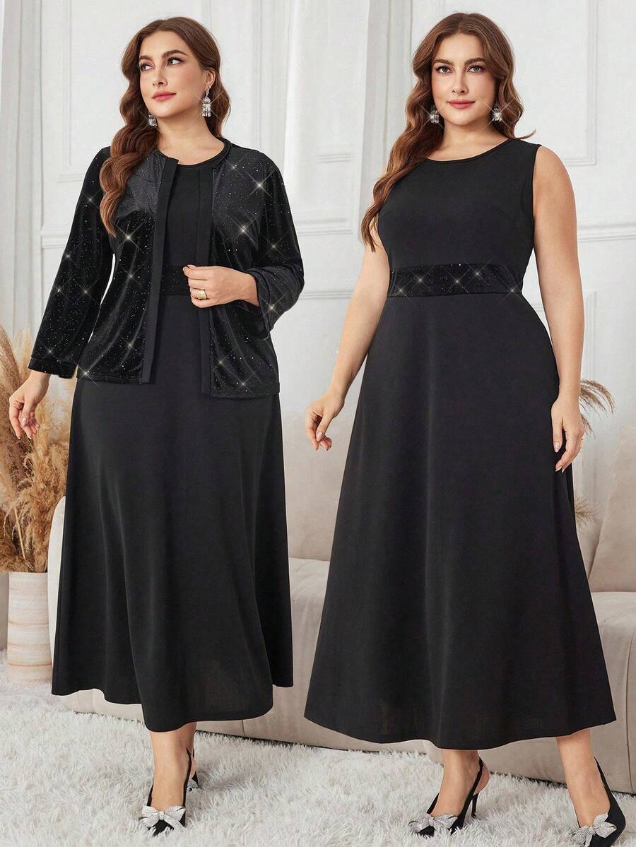 Lacomfia 大码女式闪亮优雅两件套连衣裙 - 黑色 - 查看 1