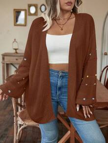SHEIN LUNE Cárdigan casual holgado de punto acanalado con mangas farol para mujer de talla grande - Café integral - Ver 7