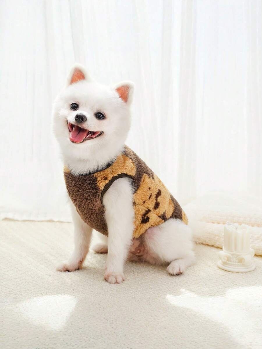 1 件冬季新款毛绒保暖宠物衣服，泰迪、比熊、雪纳瑞、贵宾犬牵引带背心 - 棕色 - 查看 1