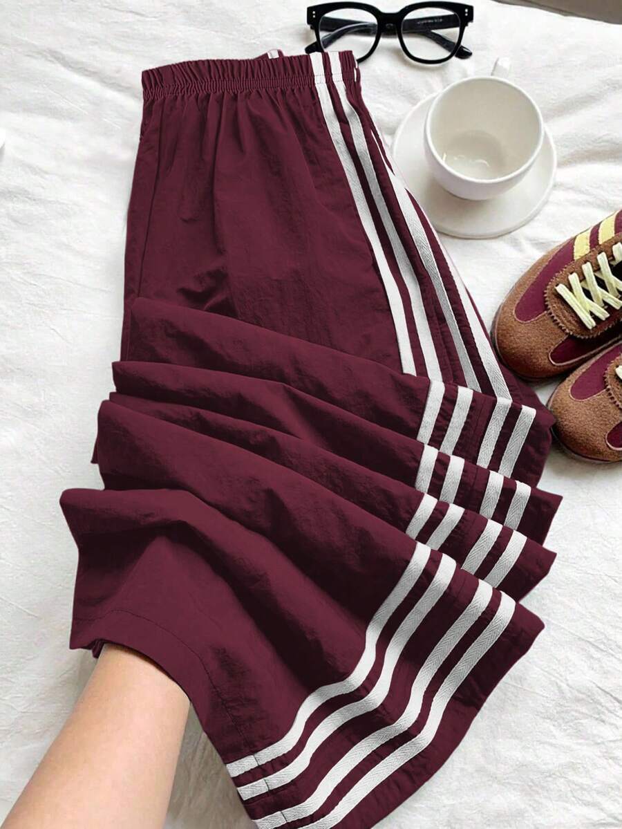 SHEIN Tween Girls' Sporty Casual Striped Elastic Waist Pants - Burgundy - View 1
