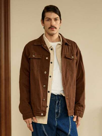 RivetRise Áo khoác denim nam dáng rộng tay dài màu trơn bằng cotton, cài cúc phía trước, kiểu dáng thường ngày, thích hợp cho mùa thu.