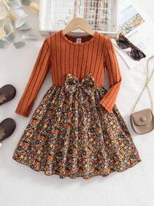Emery Rose Kids Emery Rose Kids 年轻女孩罗纹修身拼布碎花圆领长袖修身休闲蛋糕 A 字连衣裙，秋冬新品，日常穿着，学校，秋冬 - 棕色 - 查看 4