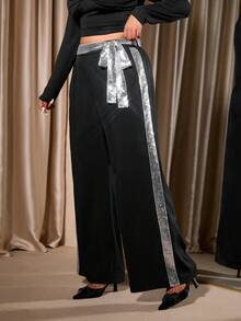 Cravure Plus Size Fashion Contrast Color Sequin Design Wide Leg Pants - Black - View 4