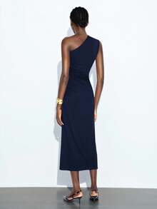 Maija 2025秋冬新款海军蓝不对称肩部褶皱修身中长连衣裙，现代优雅都市浪漫端庄精致复古风格，适合婚礼嘉宾、生日、万圣节、商务休闲、约会、派对、新年、圣诞节 - 藏蓝色 - 查看 5