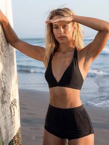 Swim SPRTY 2026 Spring/Summer 3pcs Set Black Halter V-Neck Vacation Triangle Bottoms + Briefs Bikini Set - Black - View 6