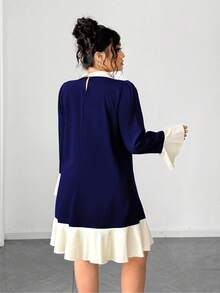 Elenzga Plus Size Women's Fashion Casual French Retro Romantic Elegant Pearl Contrast Color Dress - Navy Blue - View 2