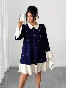 Elenzga Plus Size Women's Fashion Casual French Retro Romantic Elegant Pearl Contrast Color Dress - Navy Blue - View 3