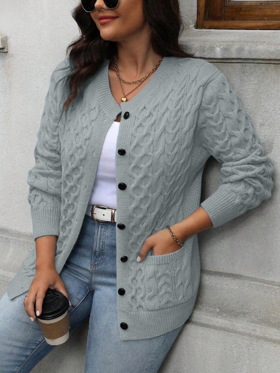 Áo khoác cardigan dệt kim xoắn cổ tròn tay dài màu trơn cỡ lớn, thường ngày, cài nút phía trước, thời trang và đa năng - Màu Xám nhạt - Xem 1