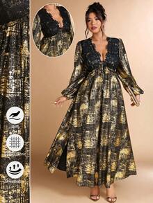 Cravure Đầm dài tay đèn lồng cổ điển họa tiết kim loại cổ điển cỡ lớn - Nhiều màu - Xem 6