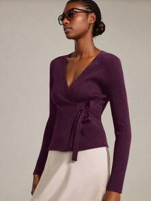 Ontre Women's Casual Knitted Ribbed Tie-Front Cardigan, Urban Commute Business Casual Wear, Office Outfit, Teacher Apparel, Basic Spring/Summer Outerwear - Red Violet - View 3