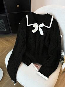 GlowEve CURVE Große Größen eleganter luxuriöser grauer Strickpullover mit Peter-Pan-Kragen, Schleife und Langarm, dick