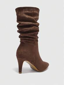 CUCCOO BIZCHIC Brown Pointed Toe Slip-On Ruched Suede Mid-Calf Boots, Fashionable High Heels, Comfortable & Versatile For Daily Commute For Christmas - Brown - View 8