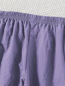 SHEIN 青少年女孩休闲运动风格松紧腰撞色条纹侧边宽松阔腿裤 - 紫色 - 查看 3