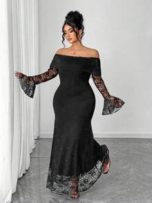 Elenzga 大码女式优雅雪纺拼接露肩长袖喇叭袖收腰修身高端派对连衣裙，秋冬 - 黑色 - 查看 5