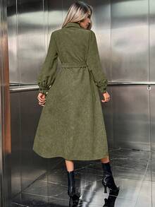 SHEIN ChicEase 1 件女士休闲单排扣腰带长袖连衣裙 - 綠色 - 查看 2