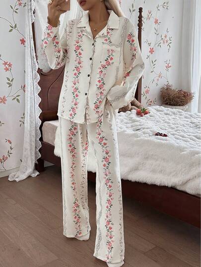 CottageSlumber 女士纹理印花长袖上衣和裤子睡衣套装，秋冬服装