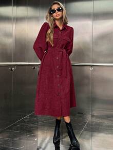 SHEIN Unity 女式纯色长袖单排扣系带休闲中长款衬衫裙 - 紅色 - 查看 6