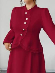 SHEIN Elenzya Áo sơ mi dáng ôm, cổ cao, tay dài, vải dệt kim dệt kim cỡ lớn, tay dài, cổ bẻ, cài nút vàng, eo bo, viền chữ A, viền bèo nhún, váy xòe, thanh lịch khi đi chơi, đi làm, tụ tập, hẹn hò, bộ 2 món - Đỏ - Xem 3