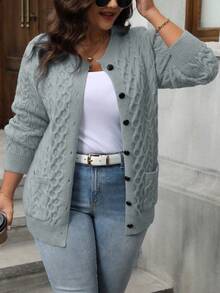 Áo khoác cardigan dệt kim xoắn cổ tròn tay dài màu trơn cỡ lớn, thường ngày, cài nút phía trước, thời trang và đa năng - Màu Xám nhạt - Xem 6