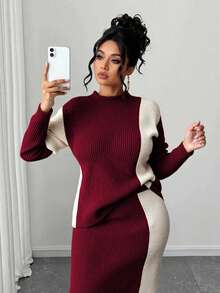 Elenzga Christmas Plus Size Women Fashionable Casual Colorblock Sweater & Skirt Set - Multicolor - View 3
