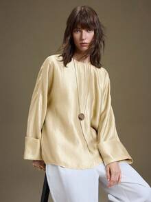 Ontre 女士纯色喇叭袖上衣，都市通勤商务休闲装，办公服饰，教师制服，基础款衬衫，外套，婚礼宾客上衣 - 杏色 - 查看 8