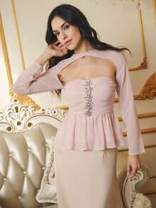 Omancia 女式粉色水钻装饰长袖荷叶边下摆修身衬衫，万圣节、圣诞节、新年、感恩节、秋冬休闲优雅派对装 - 杏色 - 查看 5