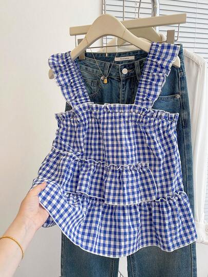 Resyla Women's Ruffled Plaid Sleeveless Casual Fashionable Summer Blouse