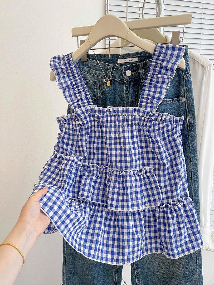 Resyla 女式荷叶边格子无袖休闲时尚夏季衬衫 - 藍色 - 查看 1
