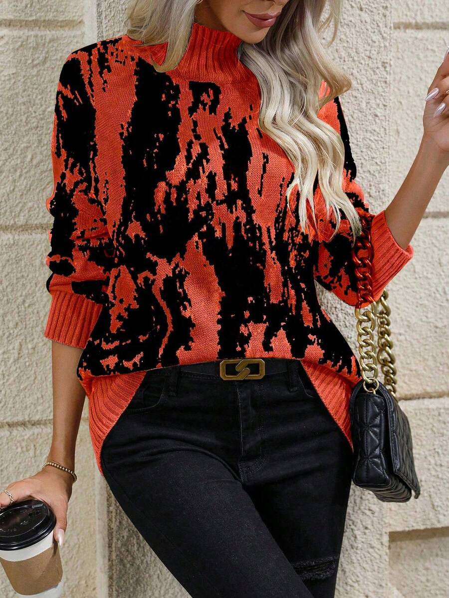 SHEIN LUNE Women's Contrast Color Pattern Turtleneck Long Sleeve Sweater - Orange - View 1