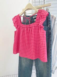 INAWLY 女式秋季新款可爱荷叶边下摆衬衫 - 玫紅色 - 查看 2