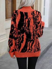 SHEIN LUNE Women's Contrast Color Pattern Turtleneck Long Sleeve Sweater - Orange - View 2