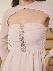 Omancia 女式粉色水钻装饰长袖荷叶边下摆修身衬衫，万圣节、圣诞节、新年、感恩节、秋冬休闲优雅派对装 - 杏色 - 查看 7