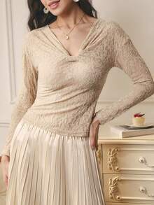 Omancia Women's Fashionable Elegant Fitted Twist Long Sleeve T-Shirt Top, Autumn/Winter - Khaki - View 1