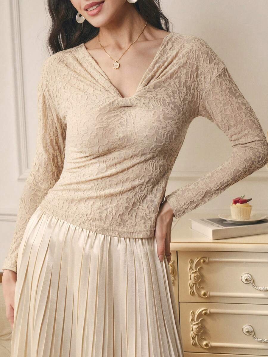 Omancia Women's Fashionable Elegant Fitted Twist Long Sleeve T-Shirt Top, Autumn/Winter - Khaki - View 1