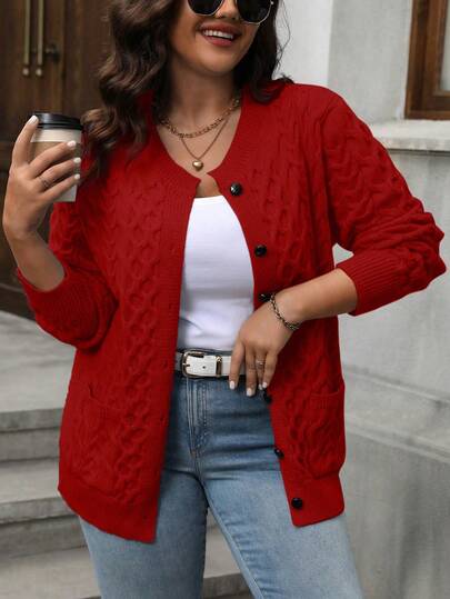 Plus-size effen kleur ronde hals lange mouw afhangende schouder casual voorkant knoop gedraaid gebreid vest, modieus en veelzijdig