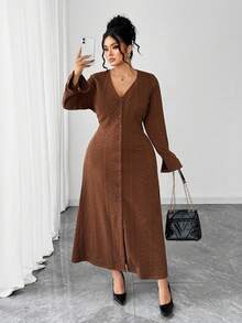 SHEIN Elenzya Plus Size Women's Solid Color Cable Knit V-Neck Cinched Waist A-Line Casual Everyday Dress, Autumn/Winter - Brown - View 1