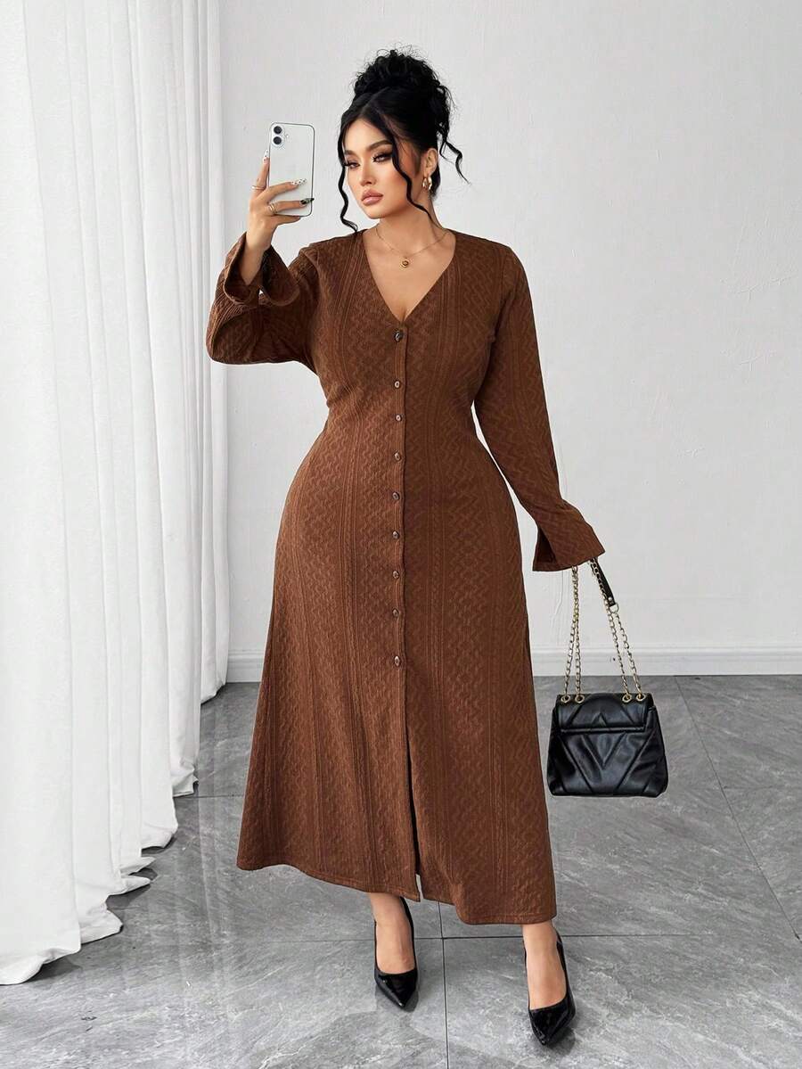 SHEIN Elenzya Plus Size Women's Solid Color Cable Knit V-Neck Cinched Waist A-Line Casual Everyday Dress, Autumn/Winter - Brown - View 1