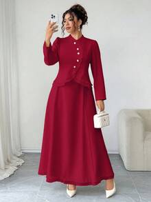 SHEIN Elenzya Áo sơ mi dáng ôm, cổ cao, tay dài, vải dệt kim dệt kim cỡ lớn, tay dài, cổ bẻ, cài nút vàng, eo bo, viền chữ A, viền bèo nhún, váy xòe, thanh lịch khi đi chơi, đi làm, tụ tập, hẹn hò, bộ 2 món - Đỏ - Xem 1